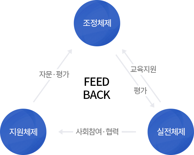 지원체제→자문·평가→조정체제→평가,교육지원→실전체제→사회참여·협력. feedback